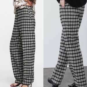 Zara women’s wool blend plaid straight leg trouser pant black white size medium